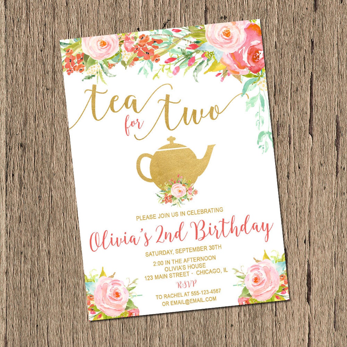Tea for Two Birthday Invitation Tea Party Invite Girl Second Etsy