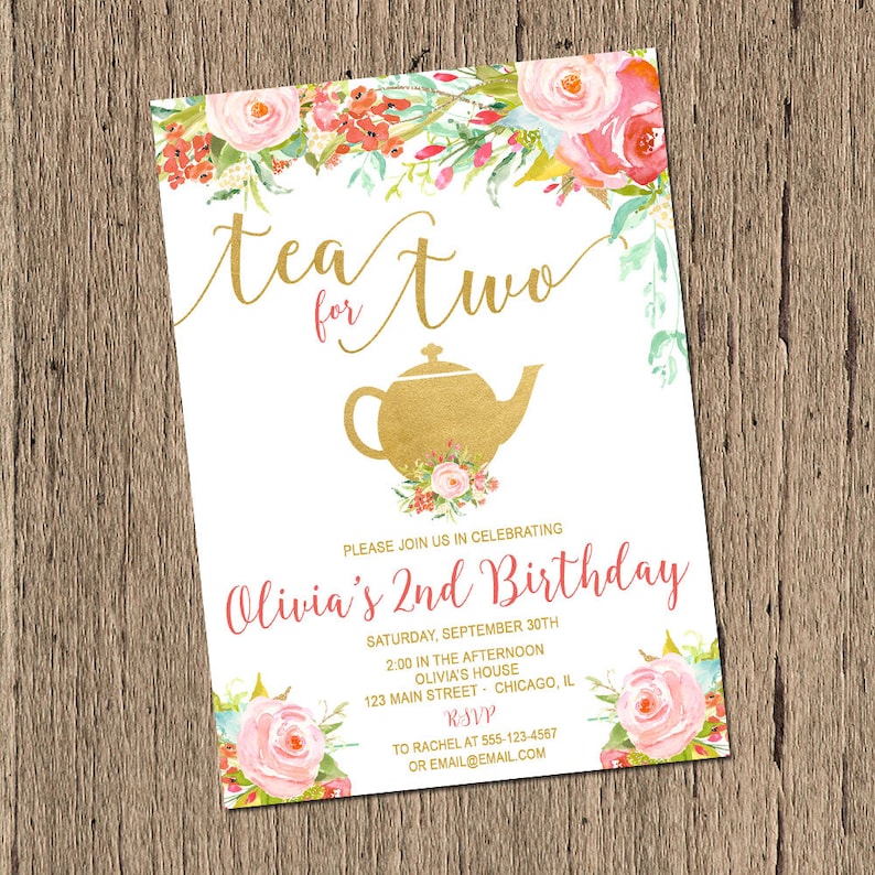 Tea for Two Birthday Invitation Tea Party Invite Girl Second Etsy