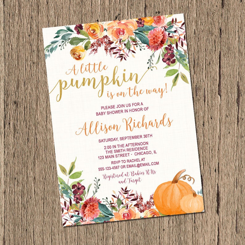 Pumpkin Baby Shower Invitation, Fall Baby Shower Invite, Little pumpkin Baby Shower Invitation, rustic fall printable or printed invitation 