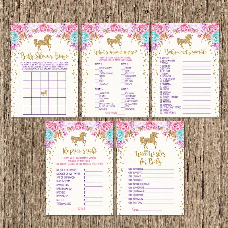 Unicorn Baby Shower Printable Games Bingo Price Is Right Etsy