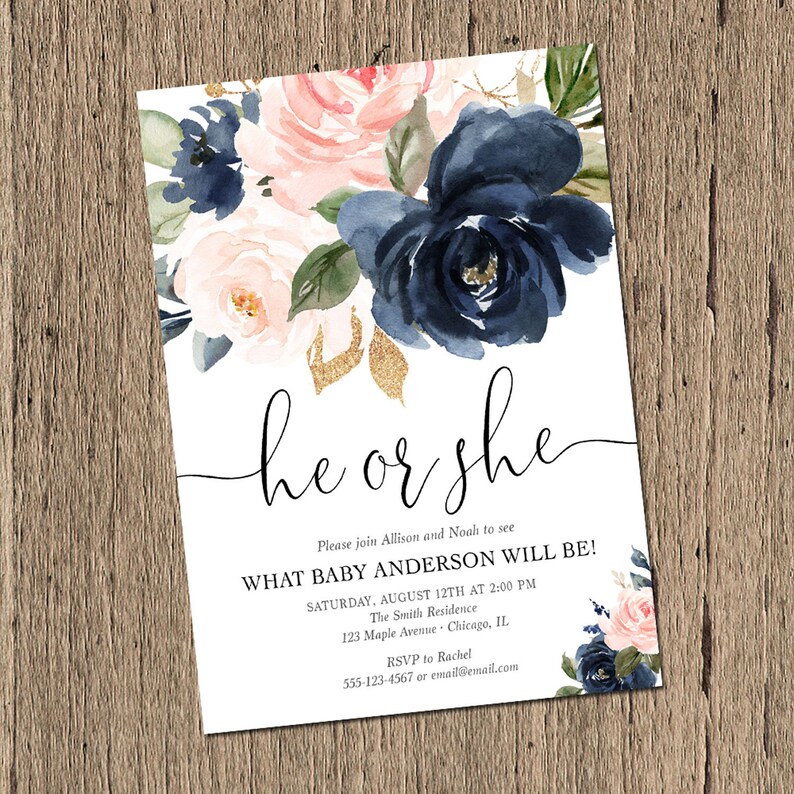 Navy Blue and Blush Pink Gender Reveal Invitation Floral Etsy