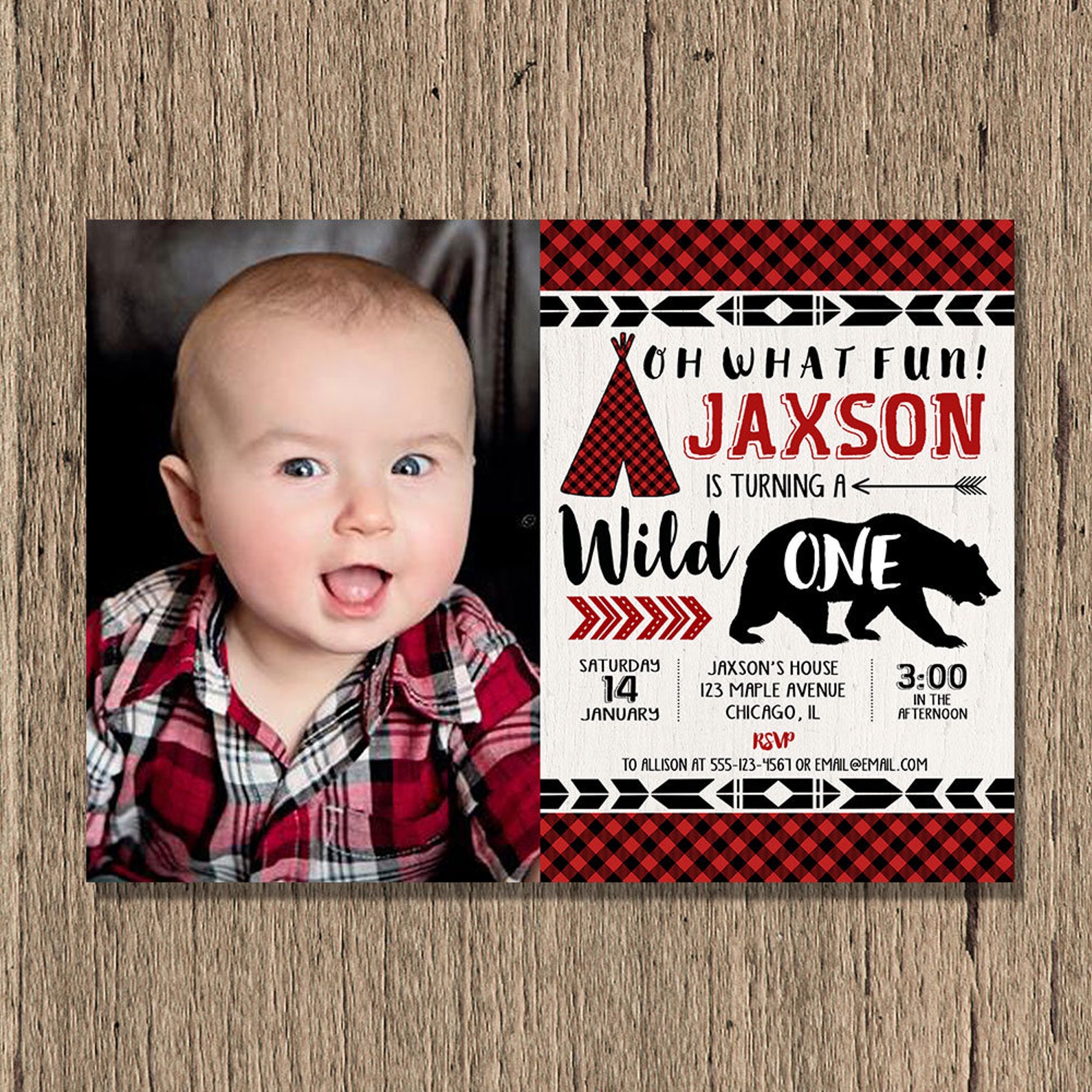 Wild One Birthday Invitation Boys First 1st Birthday Invite Etsy