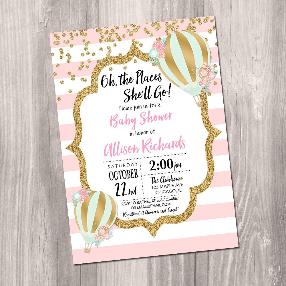 Digital Printable Oh The Places Shell Go Hot Air Balloons BABY SHOWER Invitation Pink /& Gold Girl Baby Shower Girl Baby Shower Invite
