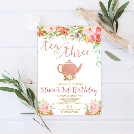 tea for three birthday invitation tea party girl third 3rd etsy