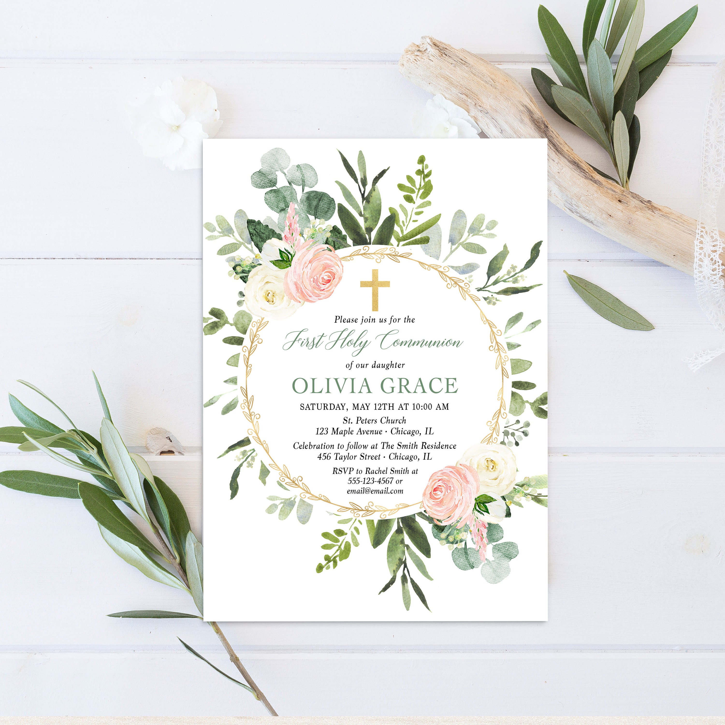 Eucalyptus First Communion Invitation Girl Blush Pink Gold Etsy France