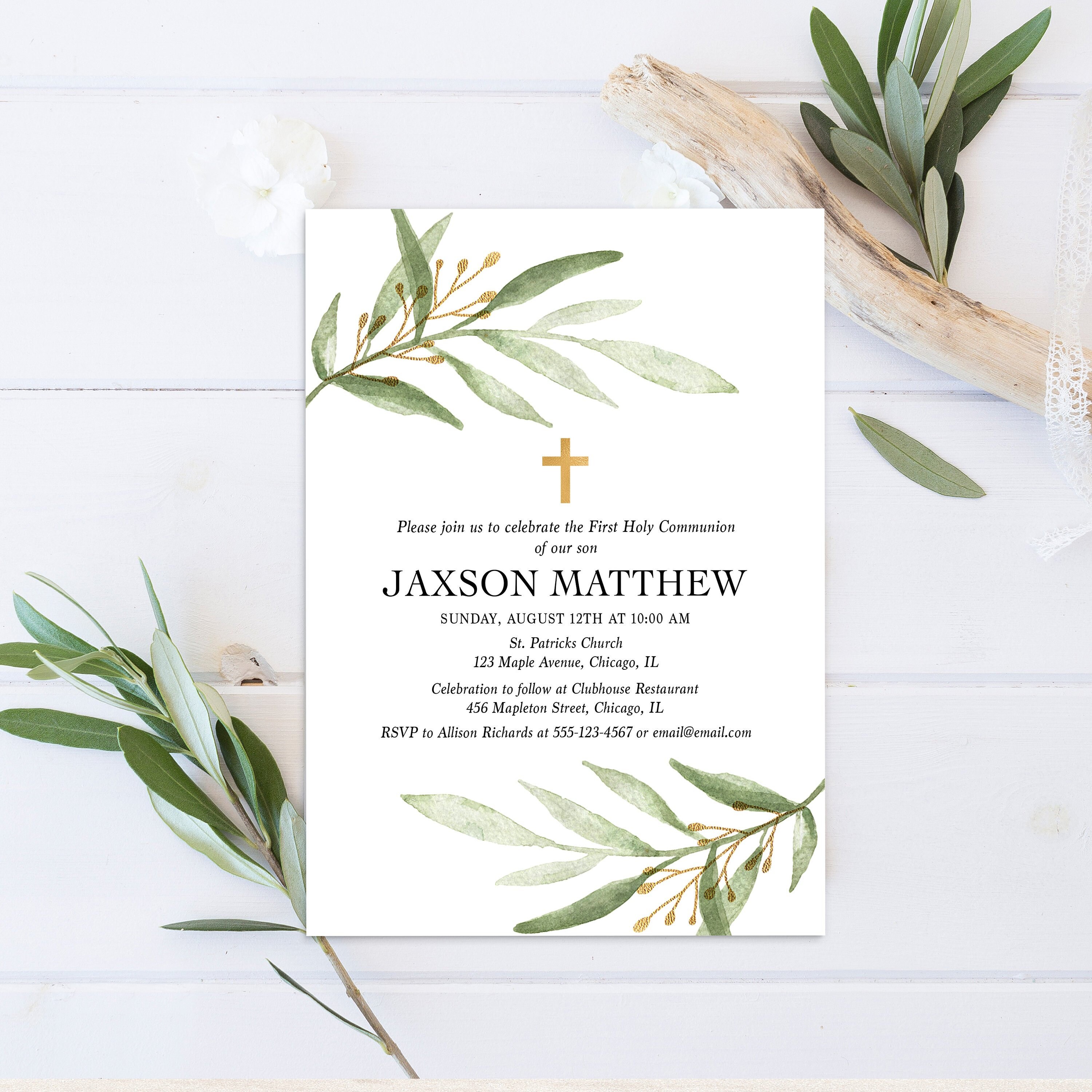 Greenery First Holy Communion Invitation Boy or Girl Green Etsy India