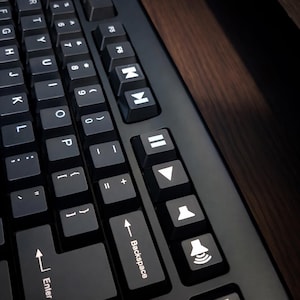 Könnte beinhalten: Nahaufnahme einer schwarzen Computertastatur mit weißen Buchstaben und Symbolen. Die Tastatur verfügt über Medientasten, einschließlich Wiedergabe, Pause und Lautstärkeregelung. Die Eingabe- und Rücktaste sind sichtbar.