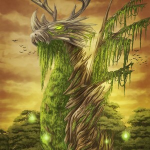 May include: A large, wooden dragon sculpture covered in moss and vines. The dragon has a long, pointed snout, large antlers, and glowing green eyes. The sculpture is set against a backdrop of a sunset sky and a forest.
