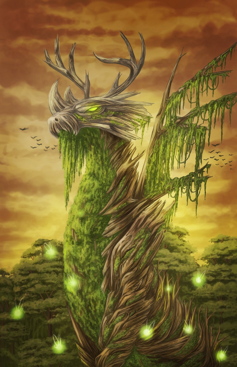 May include: A large, wooden dragon sculpture covered in moss and vines. The dragon has a long, pointed snout, large antlers, and glowing green eyes. The sculpture is set against a backdrop of a sunset sky and a forest.