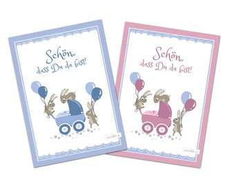 Congratulation Card Birth Baby Postcards Set Girls Boys Cute Bunnies Bunny