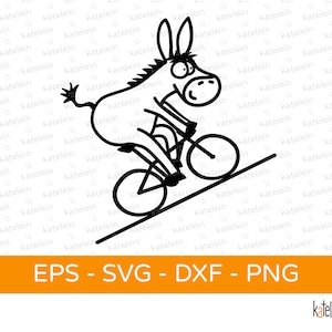 Può includere: Un disegno in bianco e nero di un asino che va in bicicletta su una collina. L'asino ha un'espressione sorpresa sul viso.