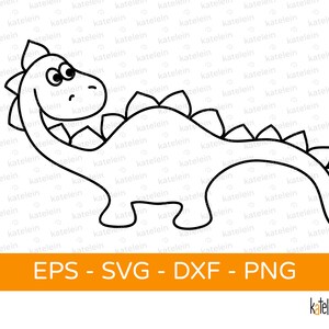 May include: A black and white line drawing of a cartoon dinosaur with a wide open mouth and large eyes. The dinosaur has a long neck and a spiky tail.