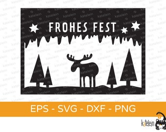 Weihnachtskarte Plotterdatei Weihnachten Frohes Fest Elch SVG dxf png eps  Download Schablone Schneidedatei plotten Geschenk Papercut