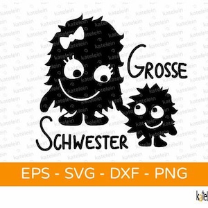 Może przedstawiać: Czarno-biała sylwetka dwóch kreskówkowych potworów. Większy potwór ma kokardkę i napis "GROSSE SCHWESTER" napisany pod nim. Mniejszy potwór stoi obok większego. Pod potworami widnieje napis "EPS - SVG - DXF - PNG".