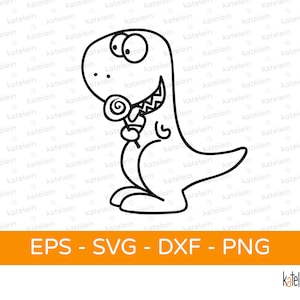 May include: A black and white line drawing of a cartoon dinosaur holding a lollipop. The dinosaur has big eyes and a wide smile.