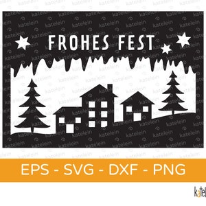 Christmas Card Winter Houses Plotter File SVG dxf png eps Download Stencil Plot Gift Paper Cut Christmas Happy Holidays