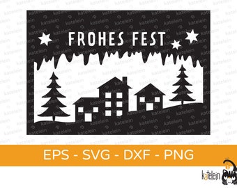 Weihnachtskarte Winter Häuser Plotterdatei SVG dxf png eps  Download Schablone plotten Geschenk Scherenschnitt Weihnachten Frohes Fest