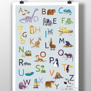 ABC Poster Tiere Deutsch - Englisch, Kinderposter Tierposter  - Alphabet  A3  Anlauttabelle Buchstaben Kinderzimmer Wandkunst Wallart lernen