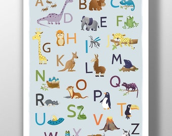ABC Poster Tiere Deutsch - Englisch, Kinderposter Tierposter  - Alphabet  A3  Anlauttabelle Buchstaben Kinderzimmer Wandkunst Wallart lernen