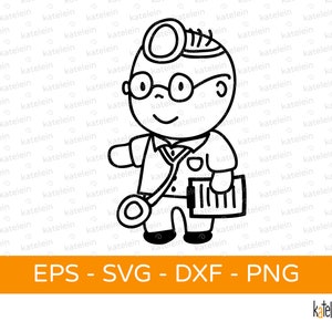 May include: Black and white line drawing of a cartoon doctor wearing a stethoscope and holding a clipboard. The doctor is smiling and has a friendly expression.