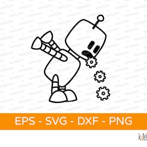 May include: A black and white line drawing of a robot with gears falling out of its head. The robot is drawn in a cartoon style and has a surprised expression.