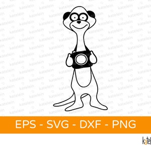 Puede incluir: Un dibujo en blanco y negro de una suricata con gafas y sosteniendo una cámara. La suricata está de pie sobre sus patas traseras y tiene una expresión feliz.