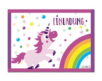 Invito di compleanno di unicorno felice, biglietti d'invito di compleanno per bambini, festa di unicorno per ragazze