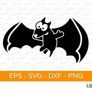May include: Black and white silhouette of a cartoon bat with large eyes and a wide smile. The bat is flying with its wings spread out.