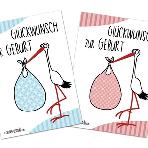 Carta di congratulazioni nascita bambino | Set di 10 cartoline | Cicogna con bambino nel marsupio | 5 ragazze 5 ragazzi