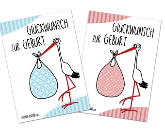 Congratulations card birth baby | Set of 10 postcards | Stork with baby in pouch | 5 girls 5 boys