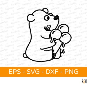 May include: A black and white line drawing of a bear holding three scoops of ice cream. The bear is smiling and has a big belly. The ice cream is melting and dripping down the bear's hand.