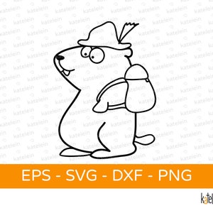 May include: A black and white line drawing of a cartoon groundhog wearing a hat and carrying a backpack. The groundhog is looking to the right.