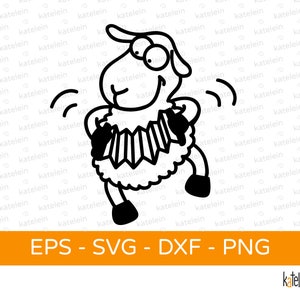 May include: A black and white line drawing of a sheep playing an accordion. The sheep is smiling and has its eyes closed. The sheep is wearing a curly, fluffy coat.