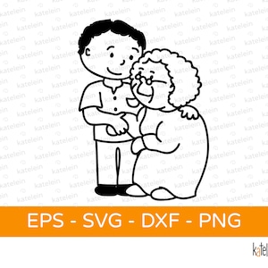 May include: A black and white line drawing of a young person with short hair hugging an older person with grey hair. The younger person is smiling and the older person is laughing.