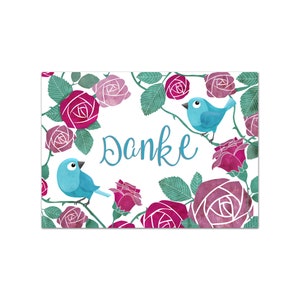 Tarjeta de agradecimiento postal ilustrada conjunto de pájaros y rosas - 10 piezas - decir gracias - conjunto de tarjetas tarjeta ilustrada - cómic, dibujos animados - ilustración
