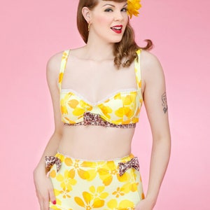 XSmall Yellow and Gold Daisies High Waisted Bikini Trimmed in Leopard Print