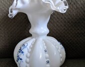 Fenton Beaded Melon Hand Painted Vase, Blue Flowers, Silvercrest, Small Vase