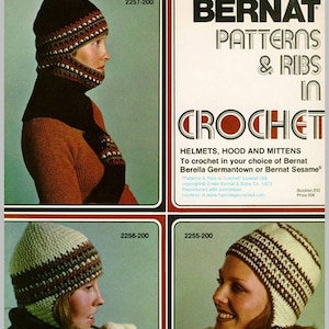 Puede incluir: Folleto vintage de patrones de crochet Bernat con una colección de gorros, capuchas y mitones. La portada del folleto muestra a tres mujeres usando diferentes diseños de crochet en marrón, blanco y crema.