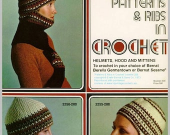 Bernat Helmet, Hood and Mittens Crochet Pattern PDF instant download. mitts hat helmet hood  Vintage 1970s crochet pattern. Bernat hats