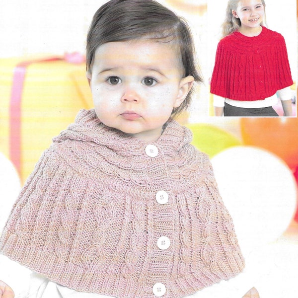 Hooded Cape & Cape Knitting Pattern PDF instant download. To fit size 0-7 Yrs (16-26”) Double Knitting