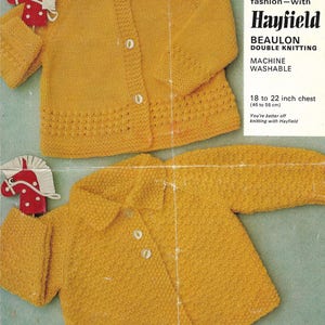 May include: A knitting pattern for a yellow cardigan for a baby. The pattern is from Hayfield Beaulon Double Knitting yarn. The pattern is machine washable and is for a chest size of 18 to 22 inches (46 to 56 cm).
