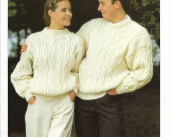 Ladies Aran Sweater & Mens Aran Sweater Knitting Pattern, pdf instant download, To fit Size 30 - 46 inch chest, Aran Jumper Knitting Pattern