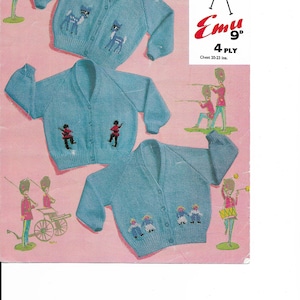 May include: A knitting pattern for a blue cardigan with different embroidered designs. The pattern is for a child's cardigan with a chest size of 20-23 inches. The pattern is from Emu 4 Ply yarn and is number 8056.