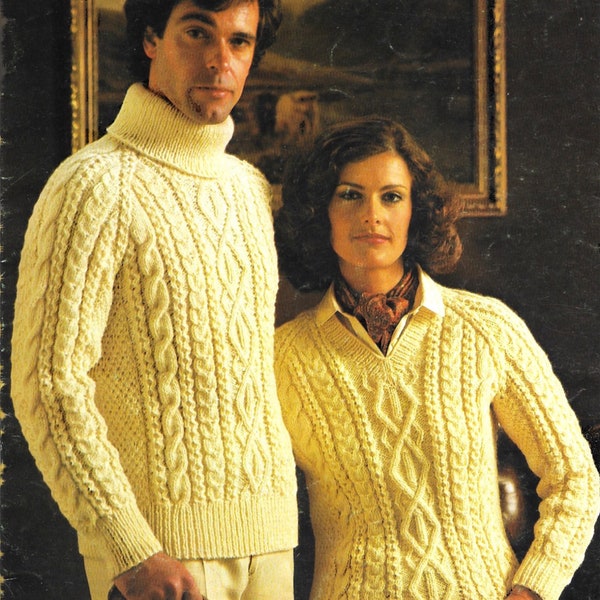 Ladies & Gents Aran Sweater Knitting Pattern, PDF instant download. To fit size 32-42 inch, Vintage Aran Pattern, V Neck, Polo Neck Sweater