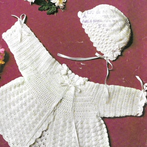 Baby Coat & Bonnet Crochet Pattern PDF instant download. To fit size 18-19 inch, 3 Ply