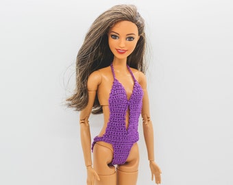 Swimsuit for 11-inch fashion doll - purple one-piece swimwear for regular Barbie dolls, summer clothes for Barbie