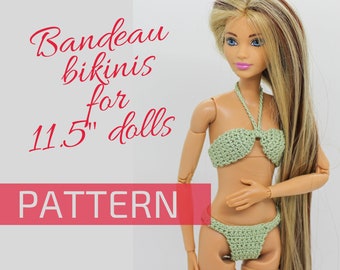 DIY Crochet fashion doll bandeau bikini Pattern, Swimwear pattern for Barbie doll