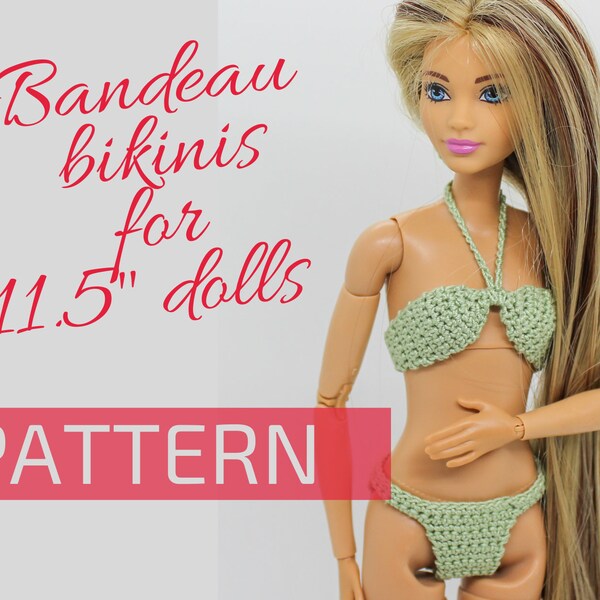 DIY Crochet fashion doll bandeau bikini Pattern, Swimwear pattern for Barbie doll