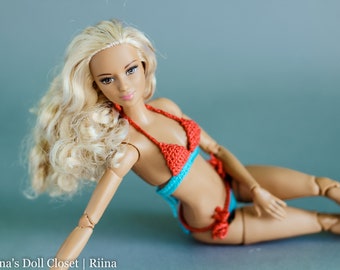 Red and turquoise bikinis for made to move Barbie doll - 11 inch fashion doll swimwear