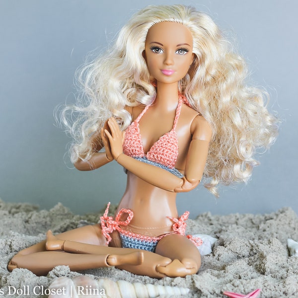 Clothes for Barbie doll - peach and gray swimwear for made to move Barbie - 11 inch fashion doll bikinis